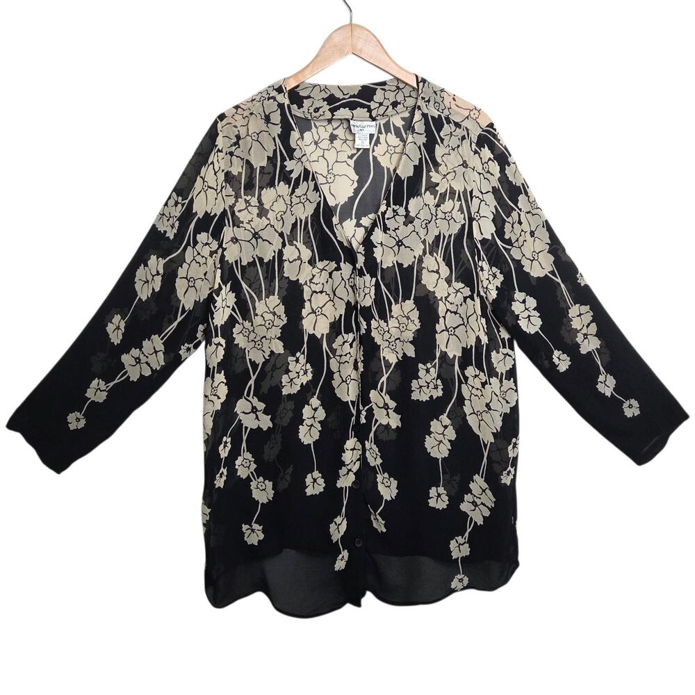 Vtg Paradise NY Sheer Floral Black Beige Button Blouse Womens Plus SZ‎ 2X 90s